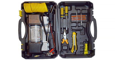 طقم منفاخ إطارات سفاري مزدوج المكبس مع حقيبة أدوات إصلاح متكاملة Heavy Duty Dual Cylinder Air Compressor and Tire Repair Kit
